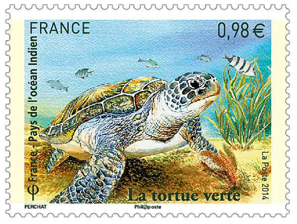 © Claude Perchat / Offset : timbre représentant une tortue verte dans l'océan Indien.