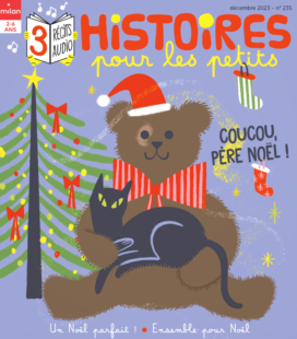 Couverture du magazine Histoires pour les petits de décembre 2023. Ours en peluche devant un sapin de Noël.