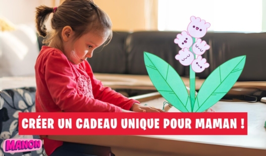 Petite fille concentrée fabriquant un muguet en papier pour la Fête des Mères, projet DIY de Manon Magazine, idéal pour un cadeau créatif et unique.