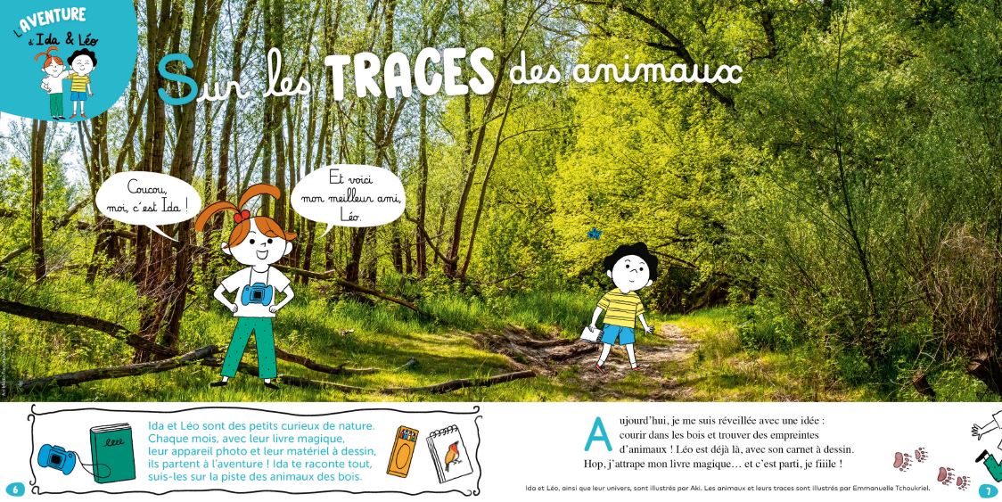 Double page du magazine Wakou avec Ida et Léo en exploration dans la forêt, activité pour découvrir les traces d’animaux avec les enfants.