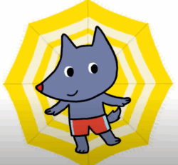 Le personnage de Tiloulou, qui est un petit loup, est en short de bain rouge. Derrière lui se trouve un parasol à rayures jaunes et blanches.