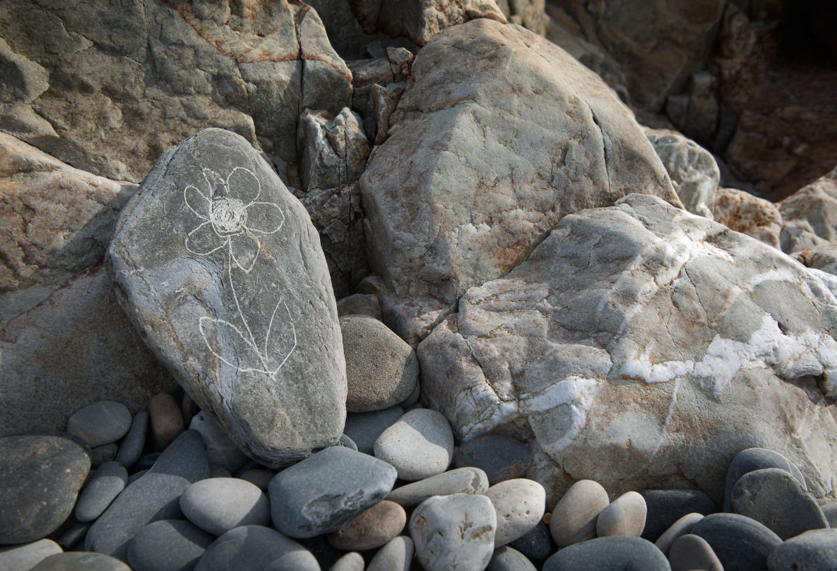 Dessin de fleur gravé sur un galet sur la plage.