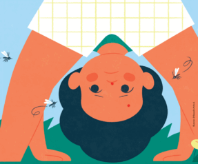 Enfant tête à l'envers avec trois moustiques autour de lui