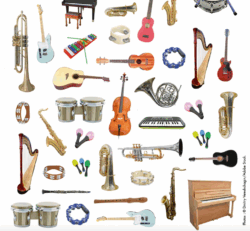 Photos d'instruments de musique : piano, guitare, maracas, trombone, harpe, trompette, saxophone, tambour, xylophone.