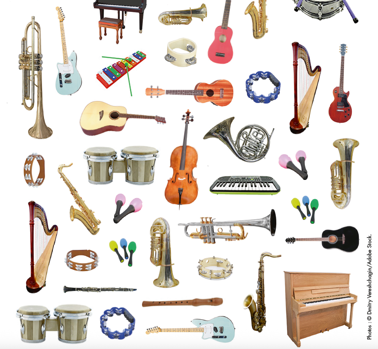Photos d'instruments de musique : piano, guitare, maracas, trombone, harpe, trompette, saxophone, tambour, xylophone.