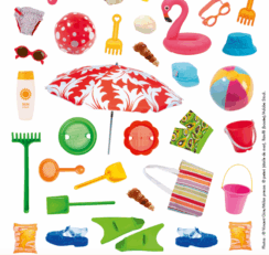 Photos d'accessoires de plage : maillot de bain, ballon, parasol, casquette, bob, seau, pelle, râteau, tamis, chaussures pour aller dans l'eau, brassards, palmes, crème solaire, lunettes de soleil, lunettes de plongée, pistolet à eau, sac de plage, des coquillages et une étoile de mer.