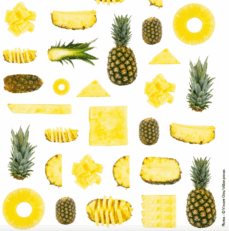 Photos d'ananas entier, coupé en deux, coupé en rondelles, en petits morceaux, en tranches, en triangle, photos des feuilles d'ananas