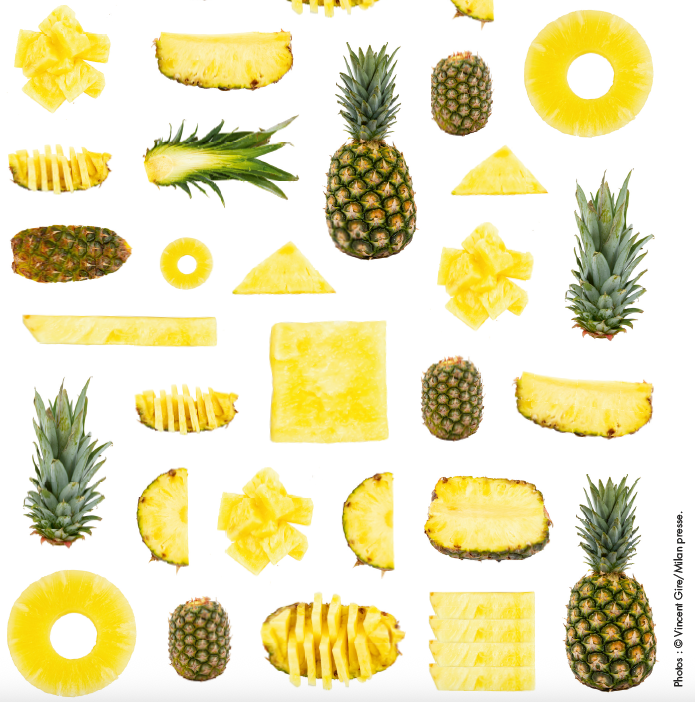 Photos d'ananas entier, coupé en deux, coupé en rondelles, en petits morceaux, en tranches, en triangle, photos des feuilles d'ananas