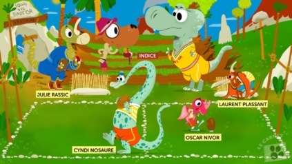 Illustration d’une enquête de Super-Ouaf et la Puce sur le thème des dinosaures.