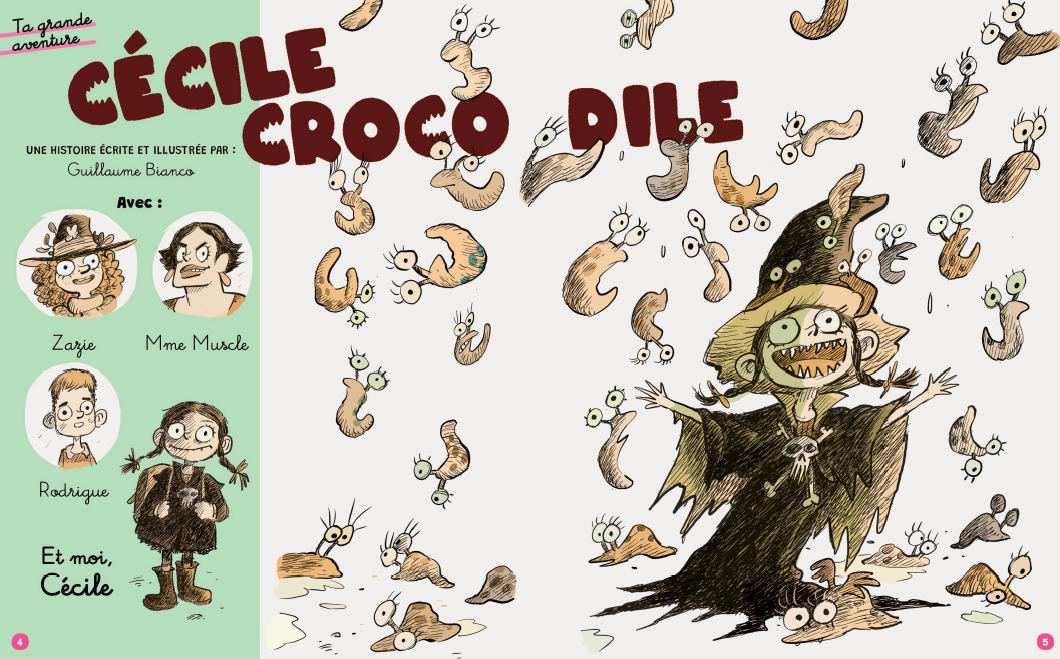 Page de bande dessinée humoristique intitulée « Cécile Crocodile ». À gauche, les portraits dessinés de Zazie, Mme Muscle, Rodrigue et Cécile sont présentés sur fond vert. À droite, Cécile, déguisée en sorcière avec un grand chapeau noir et une robe sombre décorée d’un crâne, lève les bras en souriant tandis qu’une pluie de petites créatures marron aux yeux ronds tombe autour d’elle.