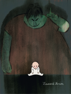 Un bébé se sent menacé par un adulte géant qui le gronde.