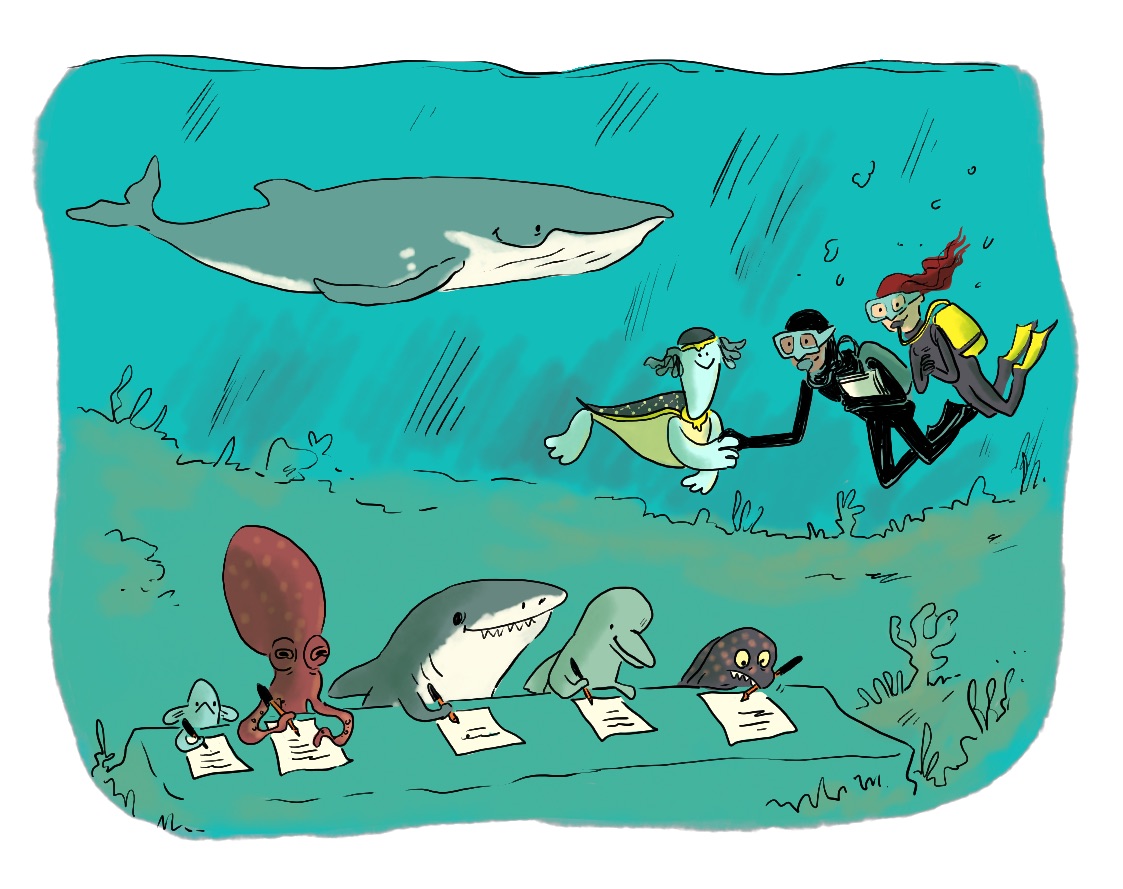 Dessin qui représente les fonds des océans, avec une baleine qui nage au fond, et au premier plan, une table en  longueur où une murène, un dauphin, un requin, un poulpe, et un petit poisson signent un papier. En second plan, on voit   