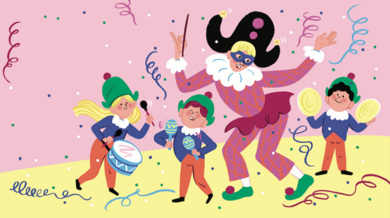 Des enfants fêtent carnaval avec Arlequin.