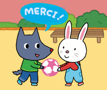 Le personnage de Tiloulou, qui est un petit loup, reçoit un ballon de son copain lapin et lui dit merci.
