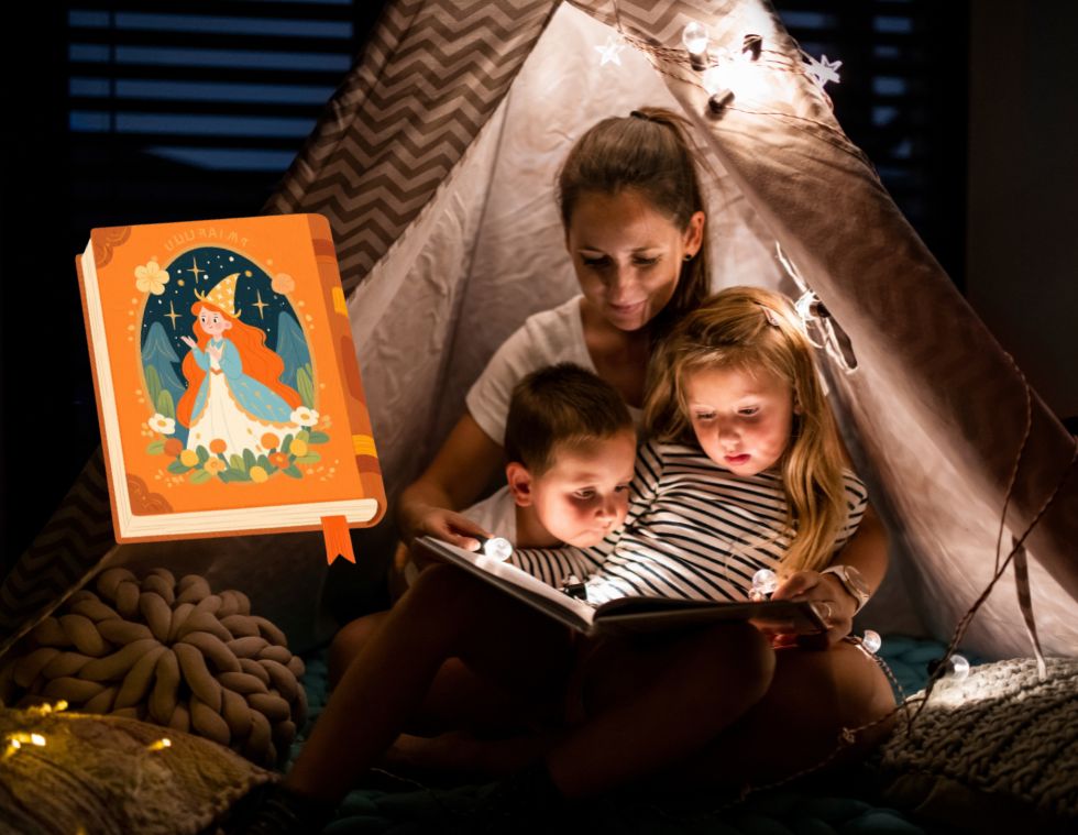 Une maman qui lit des histoires pour enfants sous une tente