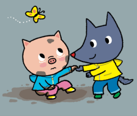 Le personnage Tiloulou aide son copain Zonzon à se relever