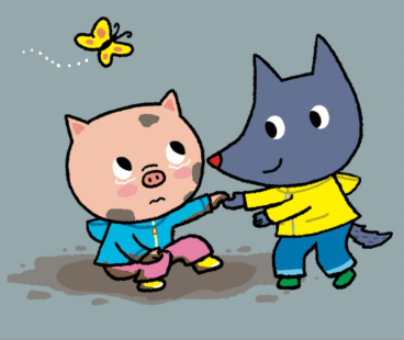 Le personnage Tiloulou aide son copain Zonzon à se relever