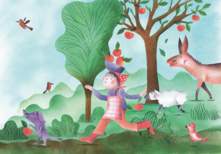 Une fermière avec un panier de pommes sur la tête se promène. Elle est entourée d'animaux.