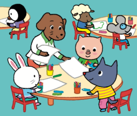 Tiloulou et ses amis sont en classe. La maîtresse leur distribue une feuille pour faire un dessin.
