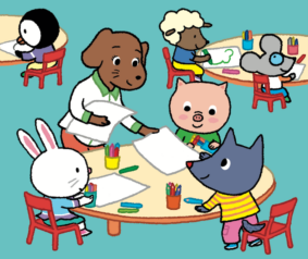 Tiloulou et ses amis sont en classe. La maîtresse leur distribue une feuille pour faire un dessin.