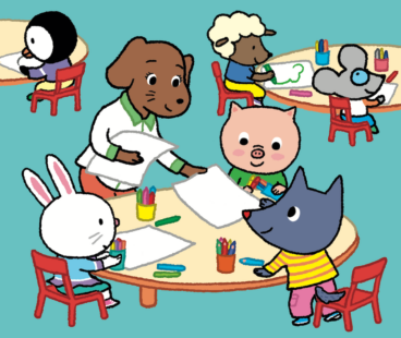 Tiloulou et ses amis sont en classe. La maîtresse leur distribue une feuille pour faire un dessin.