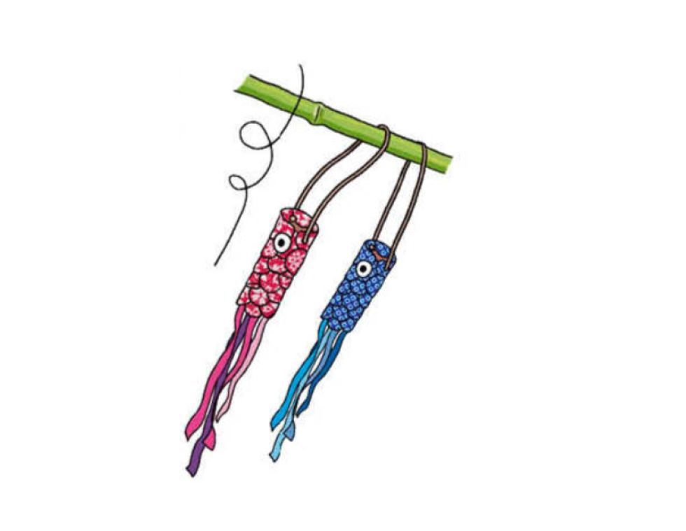 fabriquer un koinobori enfant suspendre les carpes terminées sur une branche