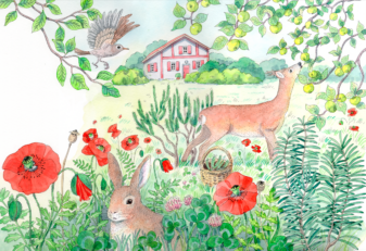 Paysage champêtre avec des coquelicots, du romarin, un rossignol, une biche et un lapin.