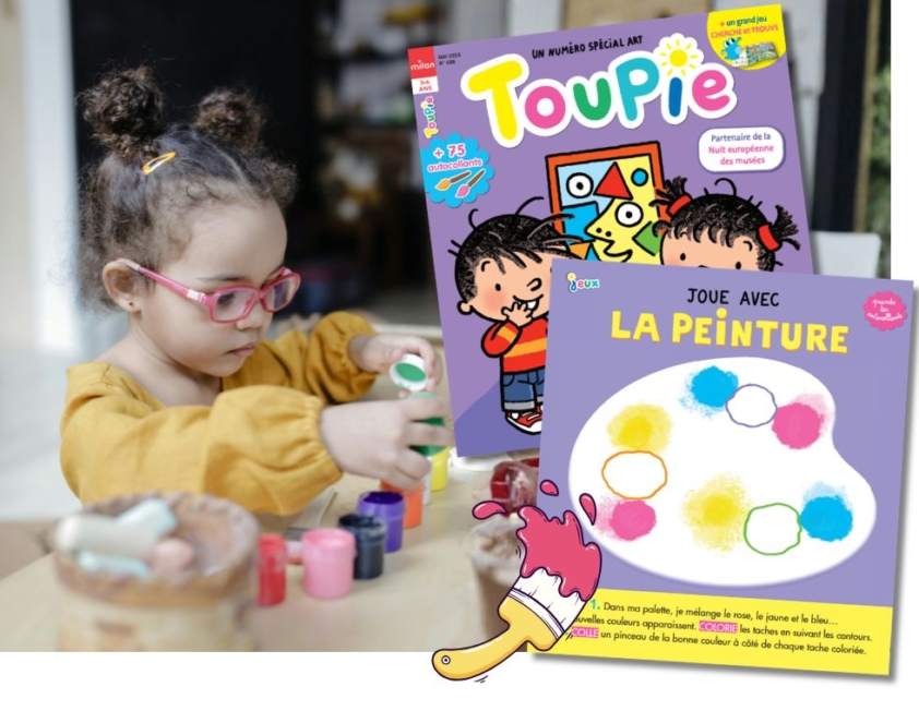 Enfant en train de peindre avec des pots de peinture, avec le magazine Toupie et une activité peinture à imprimer inspirée de la Nuit des musées