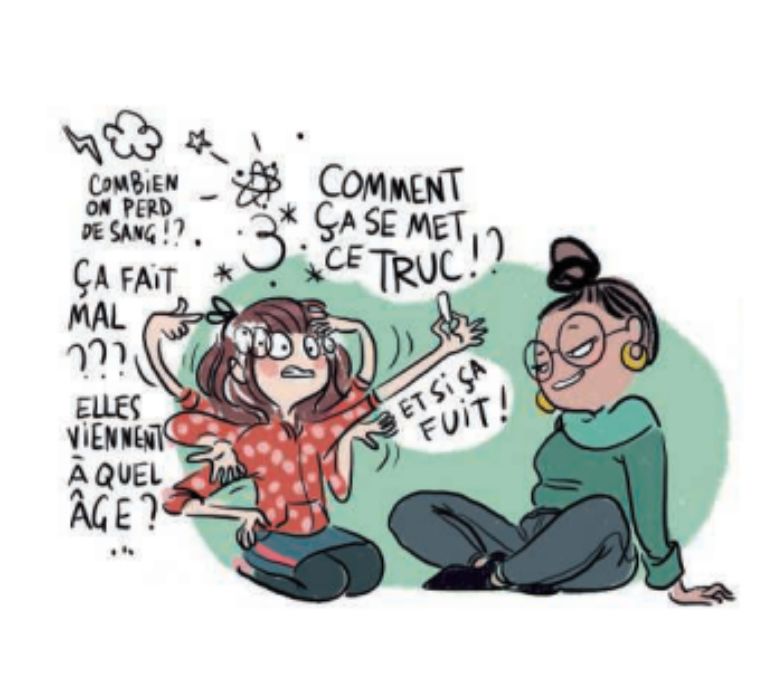 Illustration expliquant les premières règles et les changements liés à la puberté.
