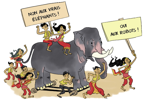 Dessin humoristique. C'est la réplique grandeur nature d'un éléphant avec 9 humains. C'est une scène de revendication. Parmi les 7 qui marchent il y en a qui porte une pancarte qui dit "oui aux robots".  2 autres sont sur le dos de l'éléphant et portent une autre pancarte : "Non aux vrais éléphants'" 