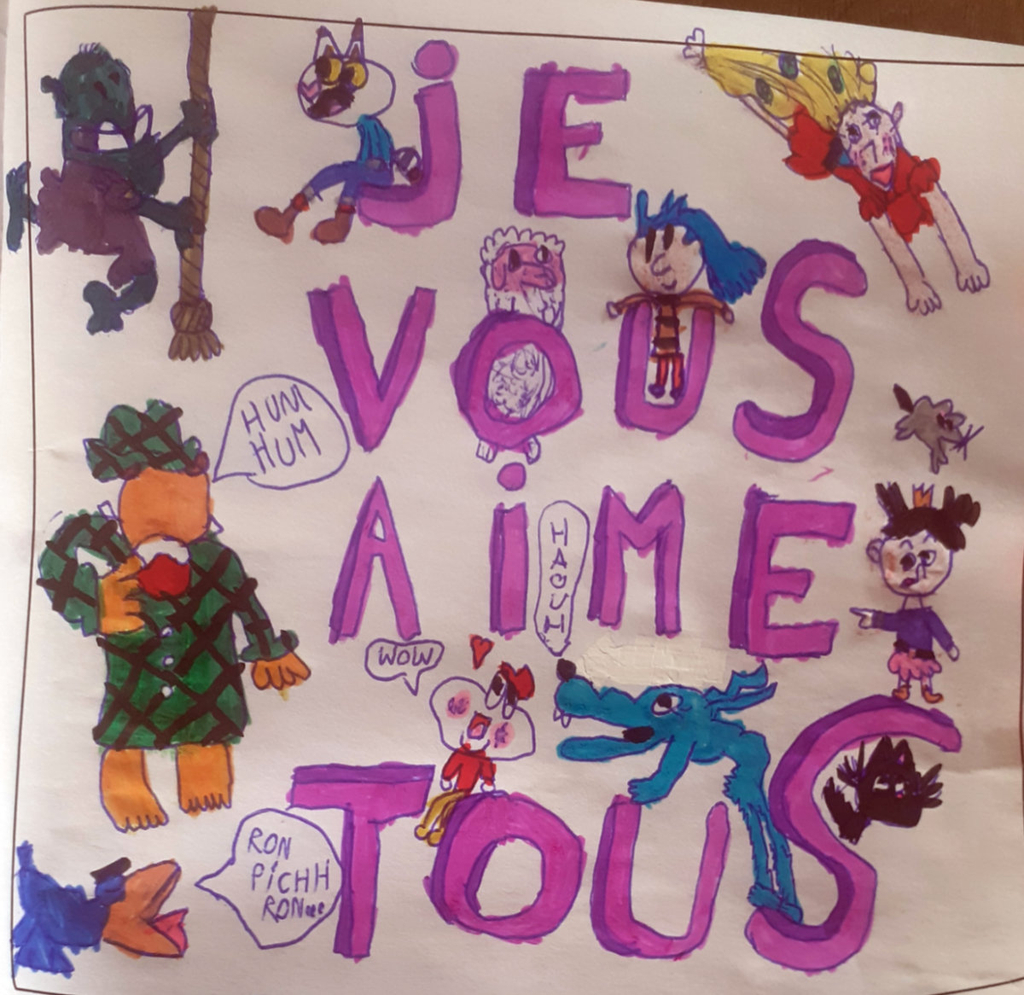 Dessin d'enfant représentant les personnages de BD de Mordelire