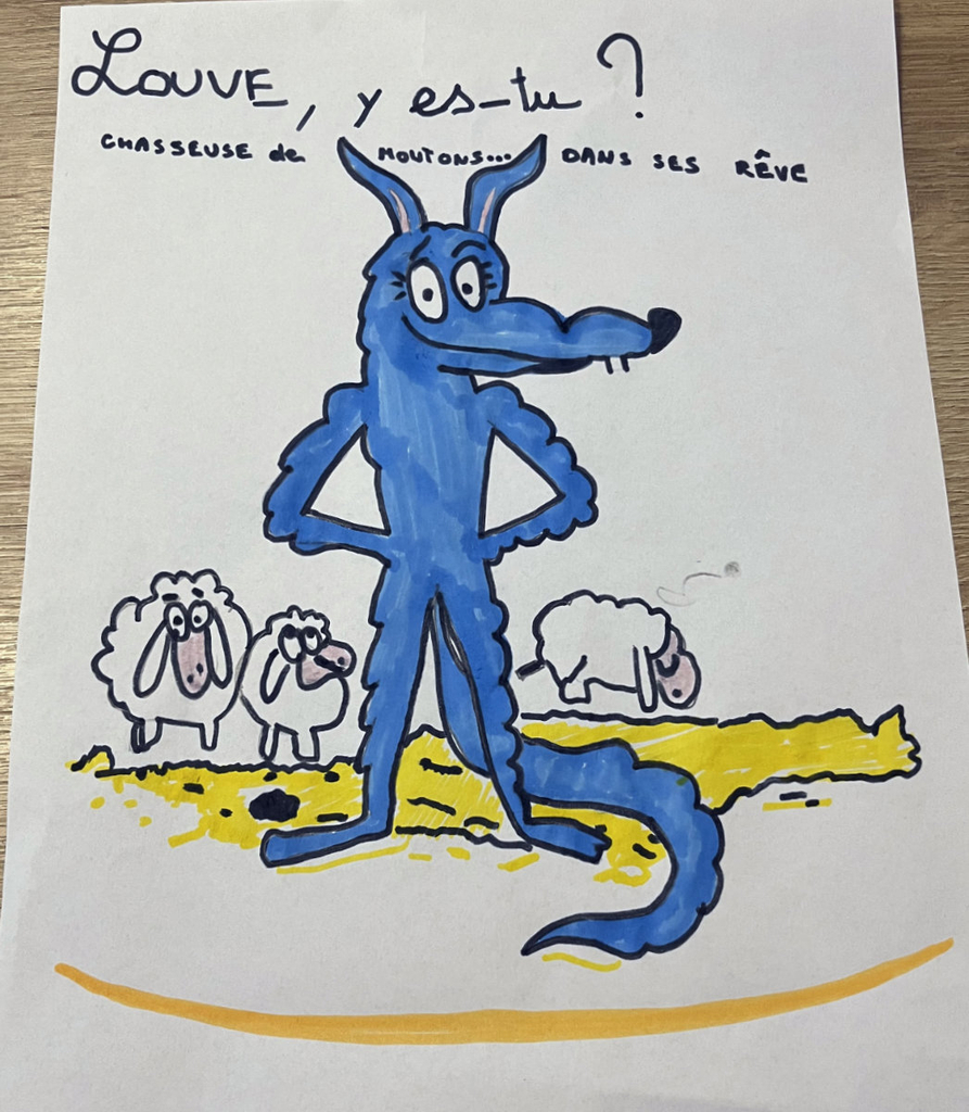 Dessin d'enfant représentant la BD Louve y es-tu ? (Mordelire)