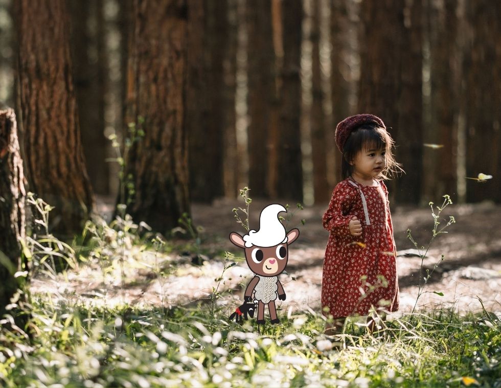 Enfant qui se balade en forêt en automne avec Ferdinon