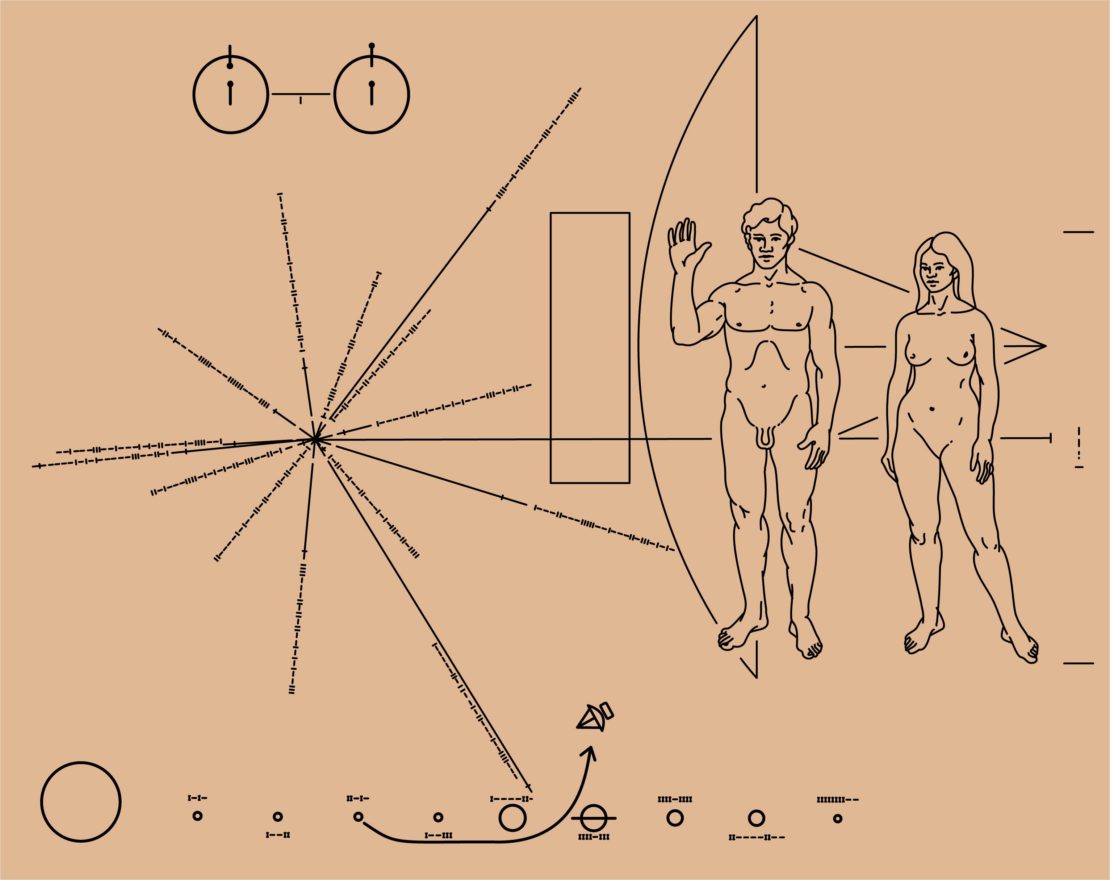 "La plaque de Pioneer", dessin placé à bord de la sonde Pioneer X en 1972
© NASA/Oona Räisänen; dessiné par Carl Sagan et Frank Drake