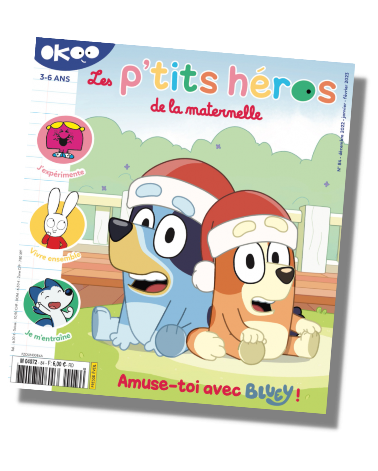Couverture du magazine trimestriel Okoo, publié par Milan presse. Il s'agit du numéro de décembre 2022 - janvier et février 2023, et met en scène Bluey et sa sœur Bingo.